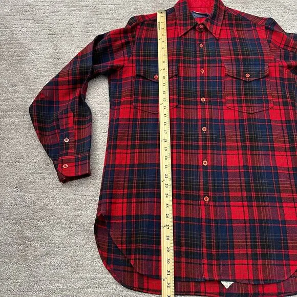 VTG Pendleton Field Shirt Mens 15.5 Red Blue Plaid 100% Wool USA Flannel READ - Picture 10 of 12